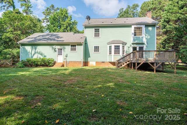 14409 Hackamore Dr, Matthews, NC 28105 - rear view of property featuring a wooden deck, a chimney, entry steps, crawl space, and stairway