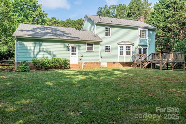 14409 Hackamore Dr, Matthews, NC 28105 - rear view of property featuring crawl space, a deck, a chimney, stairs, and a shingled roof
