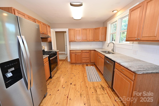 737 8th St SW, Hickory, NC 28602 - kitchen featuring stainless steel appliances, under cabinet range hood, light wood-type flooring, and backsplash