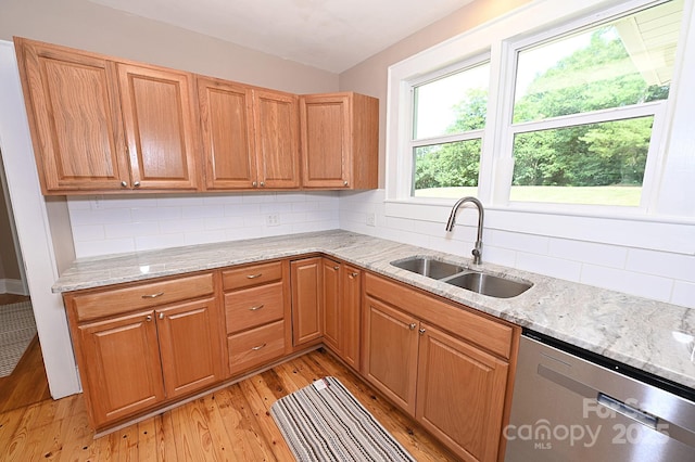 737 8th St SW, Hickory, NC 28602 - kitchen featuring stainless steel dishwasher, light wood finished floors, light stone countertops, and decorative backsplash