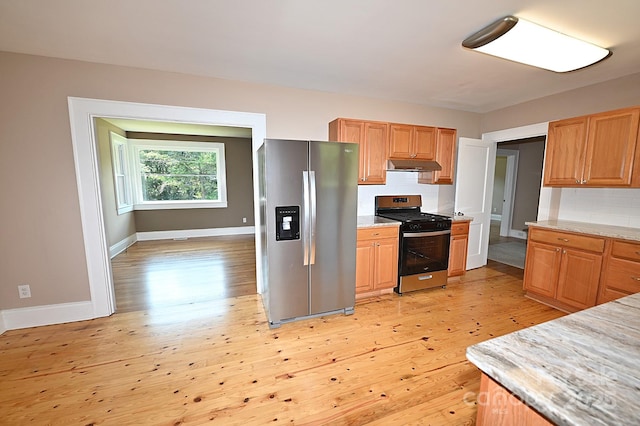 737 8th St SW, Hickory, NC 28602 - kitchen featuring stainless steel appliances, under cabinet range hood, light wood finished floors, and tasteful backsplash