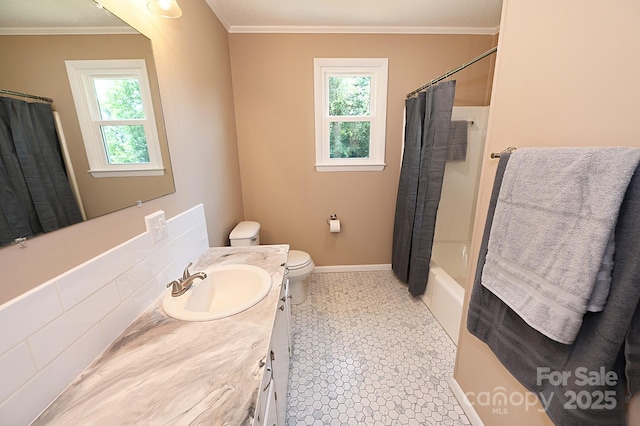 737 8th St SW, Hickory, NC 28602 - bathroom with vanity, healthy amount of natural light, shower / bath combination with curtain, and ornamental molding