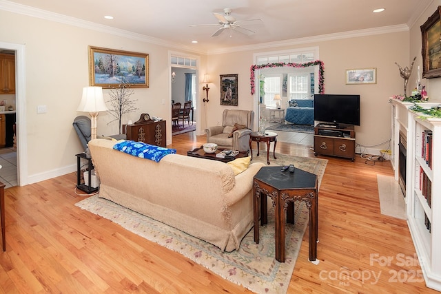 122 Hazeltine Ct, Salisbury, NC 28144 - living area with a ceiling fan, light wood finished floors, recessed lighting, and ornamental molding