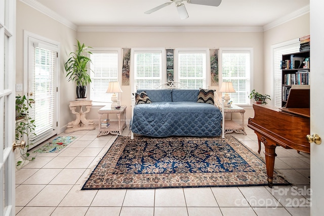 122 Hazeltine Ct, Salisbury, NC 28144 - living room with light tile patterned floors, a ceiling fan, and crown molding