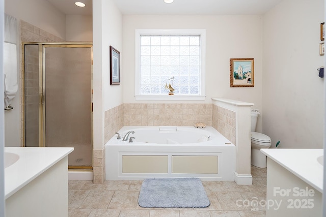 122 Hazeltine Ct, Salisbury, NC 28144 - bathroom with vanity, a garden tub, a shower stall, and tile patterned floors