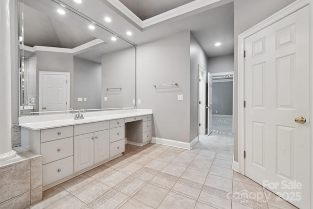 18802 Pentwater Ct, Cornelius, NC 28031 - full bathroom with vanity, a tray ceiling, ornamental molding, tile patterned floors, and recessed lighting