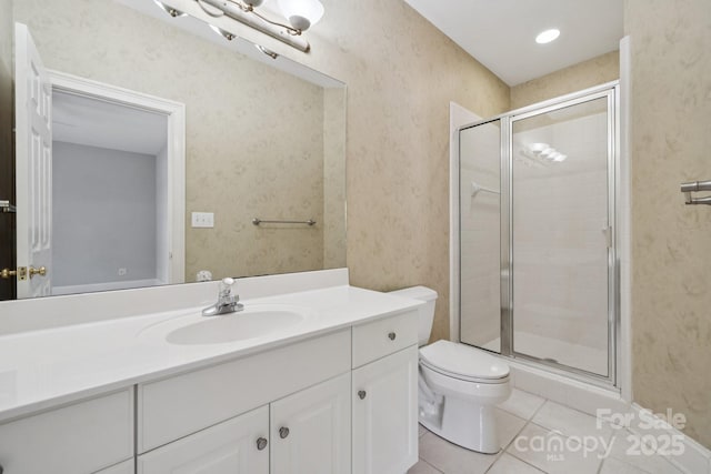 18802 Pentwater Ct, Cornelius, NC 28031 - full bath with tile patterned floors, vanity, a stall shower, and wallpapered walls