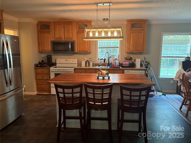 120 Thyme Ln, Statesville, NC 28677 - kitchen with stainless steel appliances, healthy amount of natural light, a kitchen breakfast bar, ornamental molding, and a textured ceiling