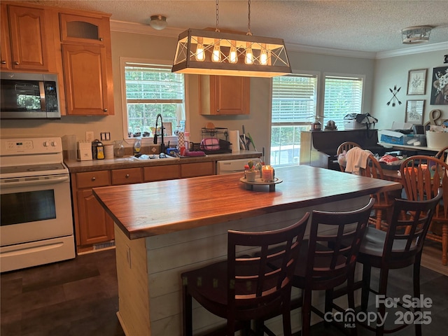 120 Thyme Ln, Statesville, NC 28677 - kitchen featuring appliances with stainless steel finishes, ornamental molding, butcher block counters, a textured ceiling, and a breakfast bar
