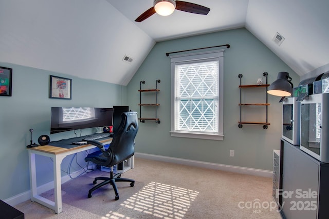 812 Cedar St, Mcadenville, NC 28101 - home office featuring vaulted ceiling, a ceiling fan, and carpet floors