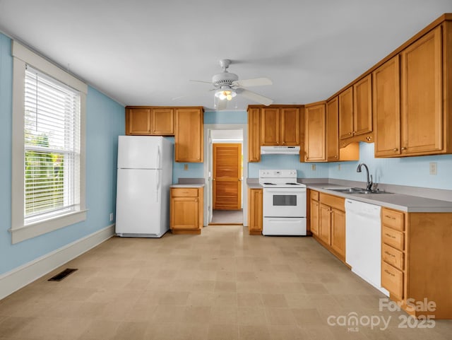 118 Railroad Ave, Brevard, NC 28712 - kitchen featuring white appliances, under cabinet range hood, a ceiling fan, light countertops, and brown cabinets