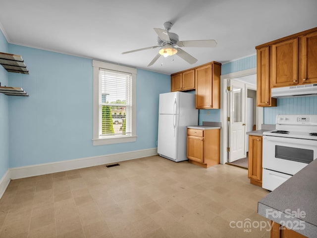 118 Railroad Ave, Brevard, NC 28712 - kitchen with white appliances, under cabinet range hood, a ceiling fan, brown cabinetry, and ornamental molding