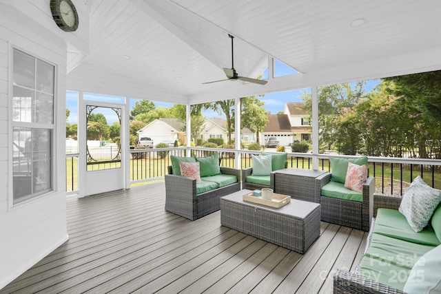 5901 Creft Cir, Indian Trail, NC 28079 - wooden terrace with an outdoor hangout area, a ceiling fan, and a residential view