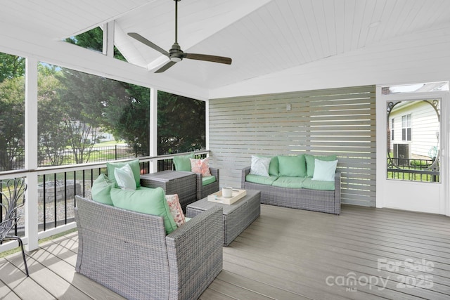 5901 Creft Cir, Indian Trail, NC 28079 - wooden deck with an outdoor living space and a ceiling fan