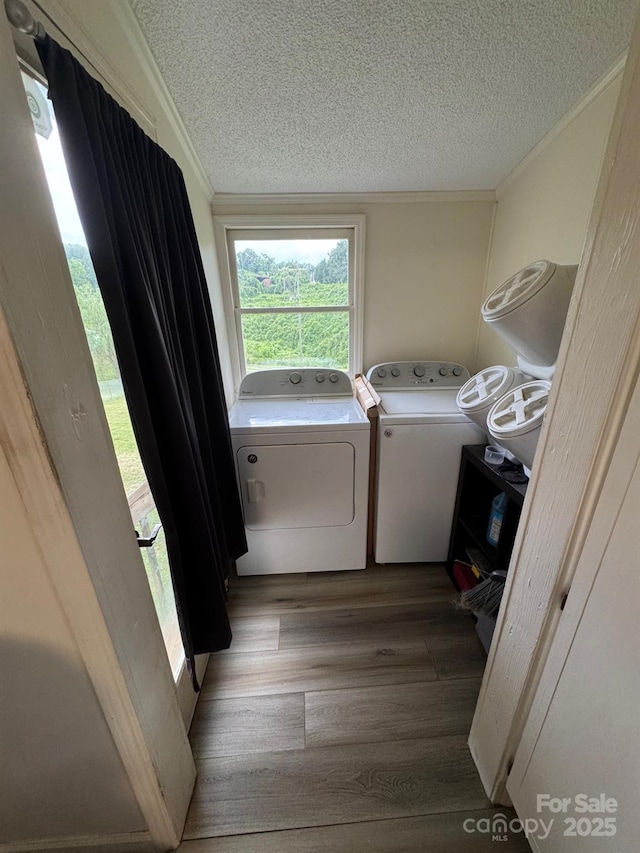 1045 Warren Pl NW, Lenoir, NC 28645 - laundry area featuring ornamental molding, washing machine and dryer, a textured ceiling, and wood finished floors