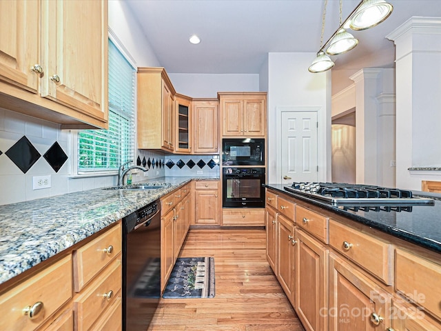 10638 Moss Mill Ln, Charlotte, NC 28277 - kitchen featuring black appliances, dark stone countertops, light wood finished floors, glass insert cabinets, and tasteful backsplash