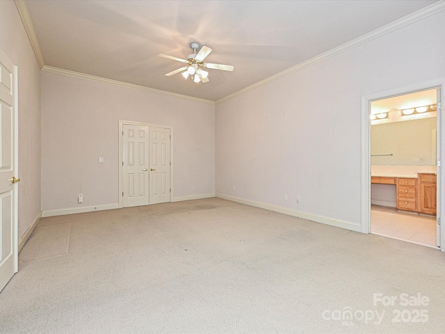 10638 Moss Mill Ln, Charlotte, NC 28277 - unfurnished bedroom with light colored carpet, ornamental molding, ensuite bathroom, ceiling fan, and a closet