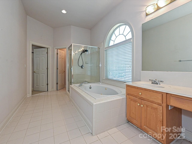 10638 Moss Mill Ln, Charlotte, NC 28277 - bathroom featuring a shower stall, tile patterned floors, a jetted tub, and vanity
