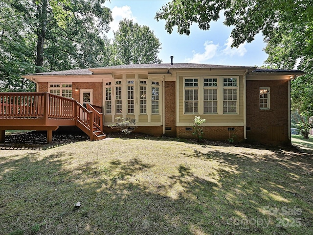 10638 Moss Mill Ln, Charlotte, NC 28277 - rear view of property with crawl space, a deck, a yard, and brick siding
