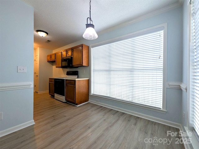 4002 Beaverbrook Dr, Indian Trail, NC 28079 - kitchen with range with electric cooktop, brown cabinets, black microwave, light wood-type flooring, and a textured ceiling