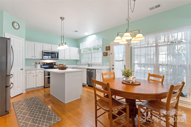 5630 Cambridge Bay Dr, Charlotte, NC 28269 - kitchen with appliances with stainless steel finishes, a kitchen island, white cabinetry, light wood-style flooring, and light countertops