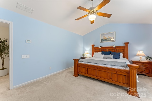5630 Cambridge Bay Dr, Charlotte, NC 28269 - bedroom featuring light carpet, vaulted ceiling, and ceiling fan