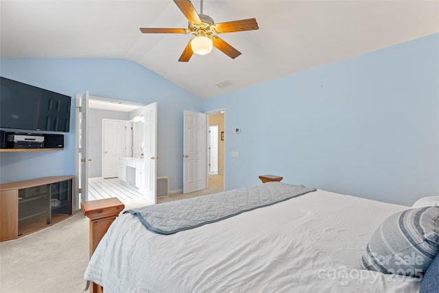5630 Cambridge Bay Dr, Charlotte, NC 28269 - bedroom featuring lofted ceiling, light carpet, and a ceiling fan