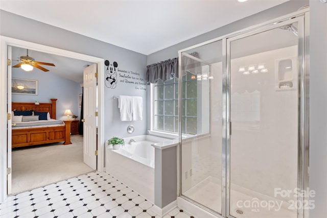 5630 Cambridge Bay Dr, Charlotte, NC 28269 - full bathroom with connected bathroom, a bath, a stall shower, a ceiling fan, and tile patterned floors