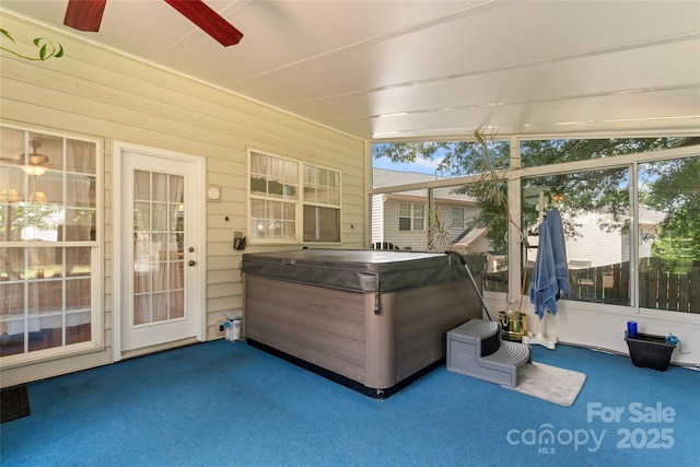 5630 Cambridge Bay Dr, Charlotte, NC 28269 - sunroom / solarium featuring a jacuzzi and a ceiling fan