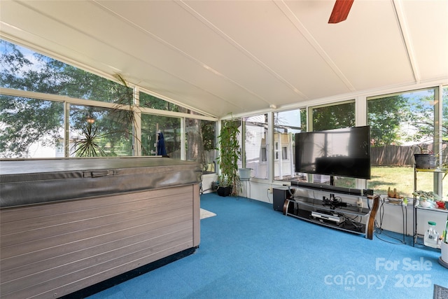 5630 Cambridge Bay Dr, Charlotte, NC 28269 - sunroom / solarium featuring a jacuzzi, vaulted ceiling, and a ceiling fan