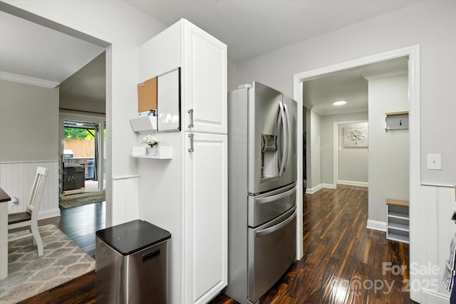 7627 Walnut Wood Dr, Charlotte, NC 28227 - kitchen featuring stainless steel fridge, dark wood-style flooring, white cabinetry, fridge, and a wainscoted wall