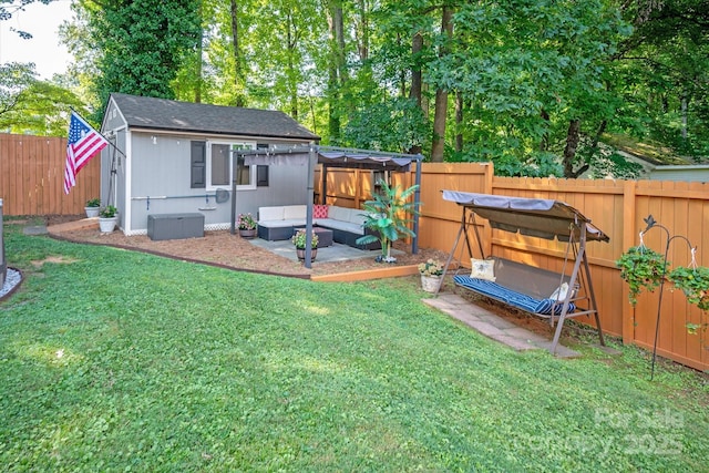 7627 Walnut Wood Dr, Charlotte, NC 28227 - fenced backyard with an outdoor structure and an outdoor living space