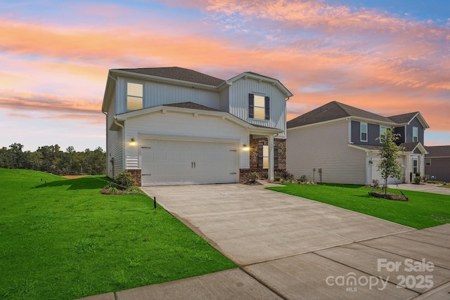 1997 Paddlewheel Dr, Stanley, NC 28164 - traditional-style home with concrete driveway, a yard, board and batten siding, a garage, and stone siding