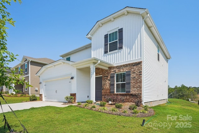1997 Paddlewheel Dr, Stanley, NC 28164 - view of front facade featuring board and batten siding, a garage, driveway, a front yard, and brick siding