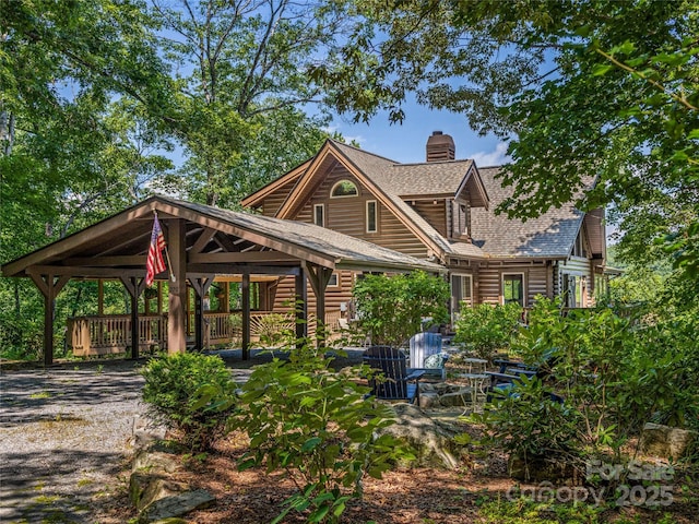 220 Circle Pines Dr, Rosman, NC 28772 - back of property with roof with shingles, a gazebo, a chimney, and dirt driveway