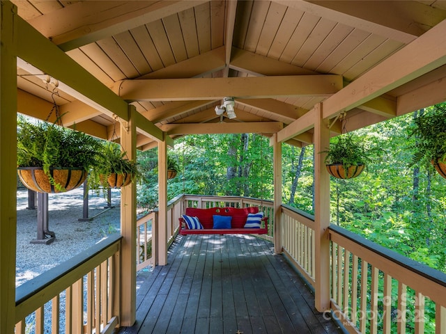 220 Circle Pines Dr, Rosman, NC 28772 - wooden terrace featuring a ceiling fan