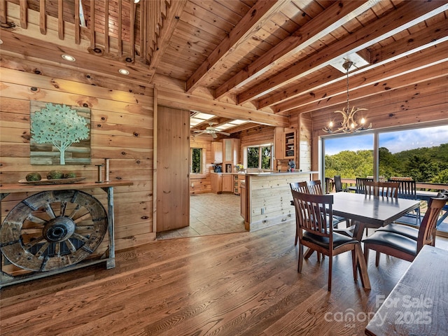 220 Circle Pines Dr, Rosman, NC 28772 - dining space with light wood-type flooring, wooden walls, a chandelier, and a wood ceiling with exposed beams