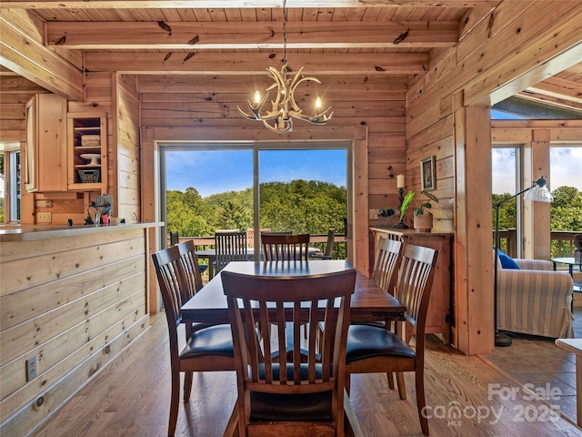220 Circle Pines Dr, Rosman, NC 28772 - dining room featuring a wooden ceiling with exposed beams, wooden walls, a chandelier, light wood-style floors, and healthy amount of natural light