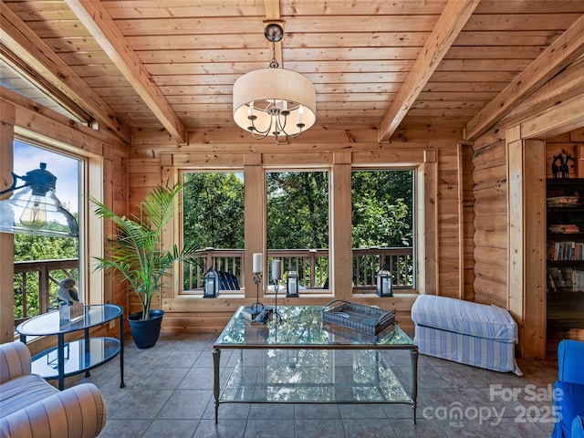 220 Circle Pines Dr, Rosman, NC 28772 - living room with wooden ceiling and wood walls