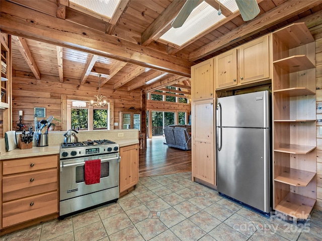 220 Circle Pines Dr, Rosman, NC 28772 - kitchen featuring stainless steel appliances, open shelves, wooden walls, a wooden ceiling with exposed beams, and light countertops