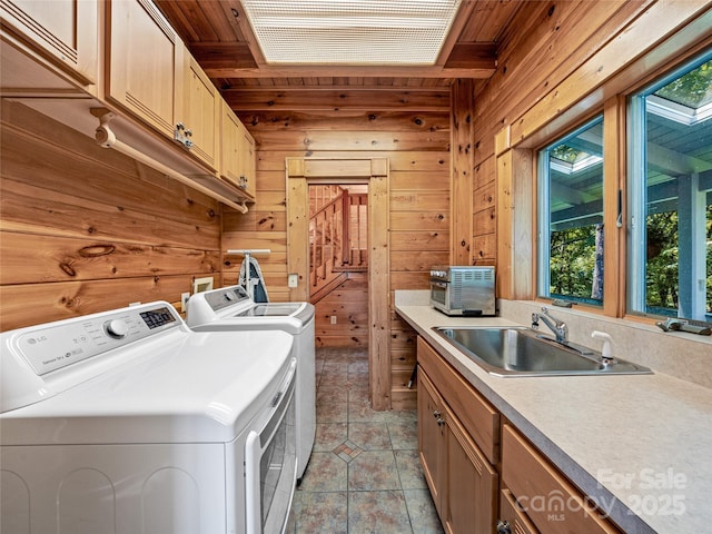220 Circle Pines Dr, Rosman, NC 28772 - washroom featuring washing machine and clothes dryer, wooden walls, light tile patterned floors, cabinet space, and wood ceiling