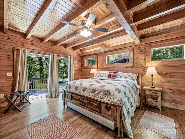 220 Circle Pines Dr, Rosman, NC 28772 - bedroom with access to outside, a wooden ceiling with exposed beams, wooden walls, wood finished floors, and a ceiling fan