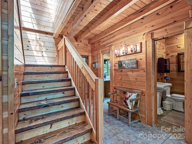 220 Circle Pines Dr, Rosman, NC 28772 - stairway with wood walls and a wood ceiling with exposed beams