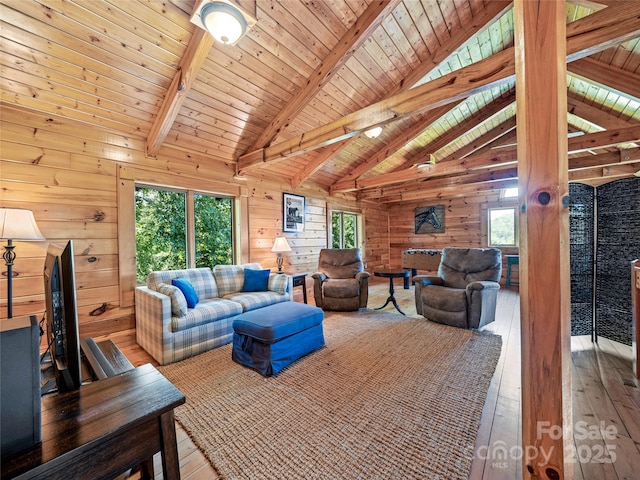 220 Circle Pines Dr, Rosman, NC 28772 - living area featuring wood-type flooring, wood walls, plenty of natural light, and wood ceiling