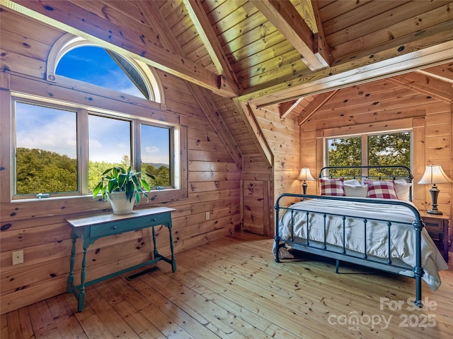 220 Circle Pines Dr, Rosman, NC 28772 - bedroom with wooden ceiling, wood-type flooring, and wood walls