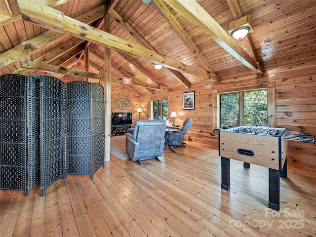 220 Circle Pines Dr, Rosman, NC 28772 - recreation room featuring hardwood / wood-style floors, a wooden ceiling with exposed beams, wooden walls, and high vaulted ceiling