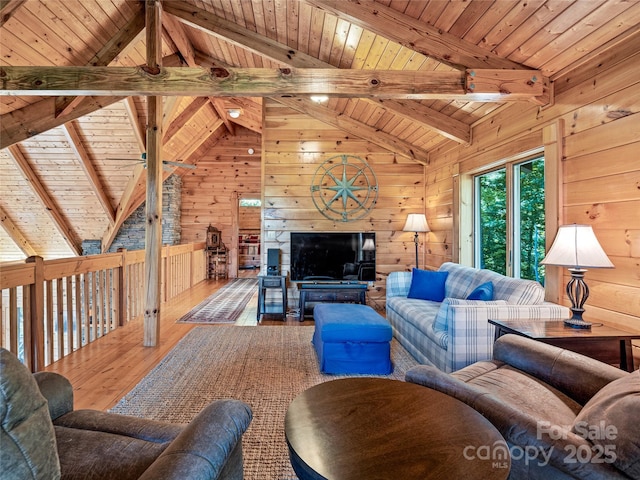 220 Circle Pines Dr, Rosman, NC 28772 - living area with wood walls, wood-type flooring, and wooden ceiling