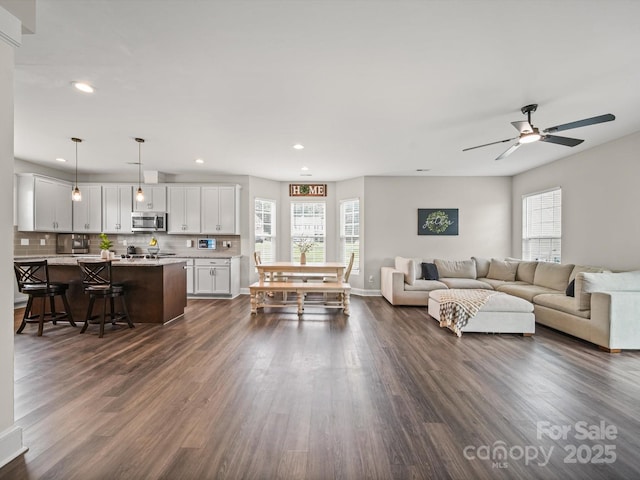 8810 Crape Myrtle Dr, Stanfield, NC 28163 - living room with plenty of natural light, dark wood-style flooring, a ceiling fan, and recessed lighting