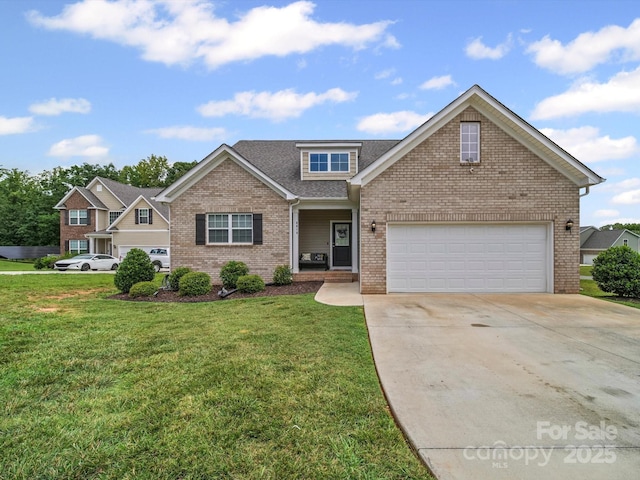 8810 Crape Myrtle Dr, Stanfield, NC 28163 - traditional-style house featuring brick siding, driveway, a front lawn, and roof with shingles