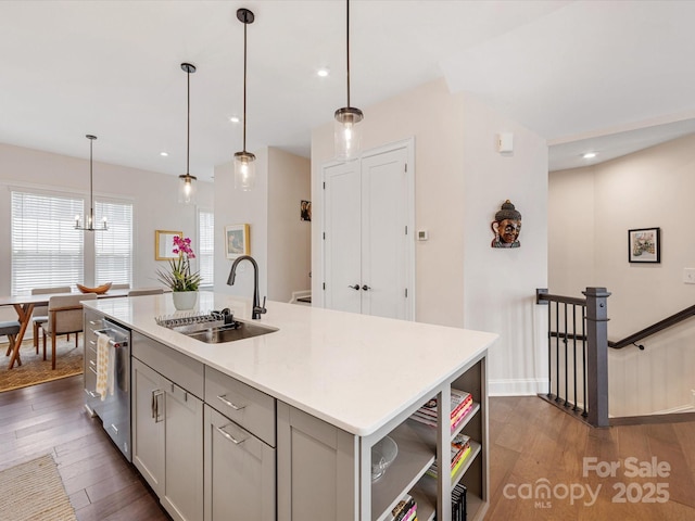 5018 Harrowsmith Ln, Charlotte, NC 28204 - kitchen featuring dark wood finished floors, gray cabinetry, dishwasher, light countertops, and open shelves